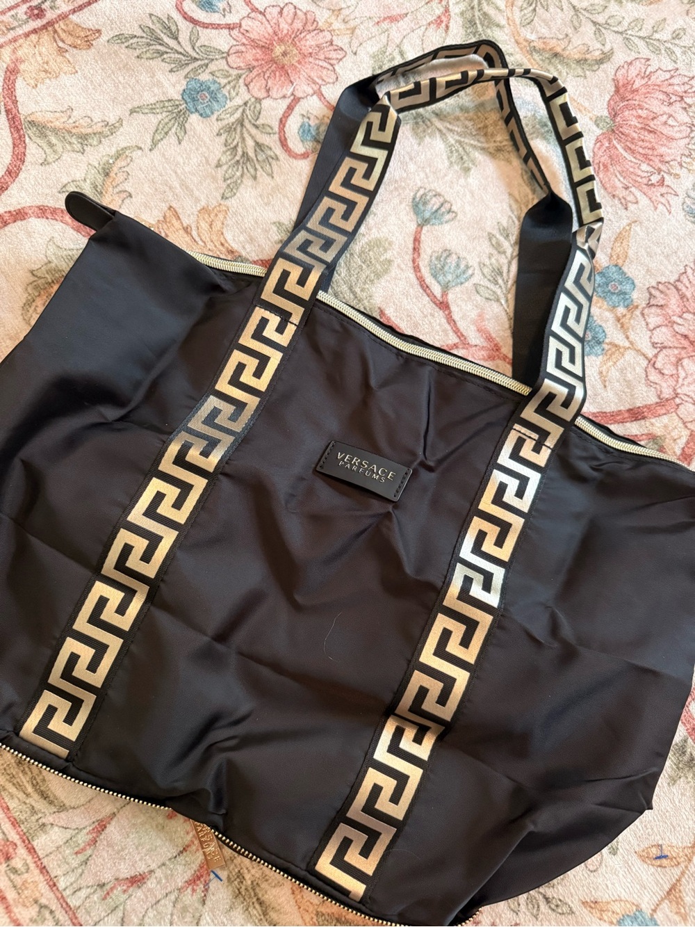Versace Parfums Packable Tote Bag | Foldable Travel Tote Black & Gold NWT